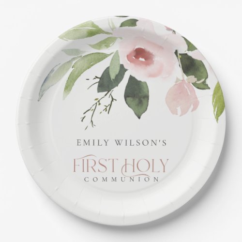 SOFT BLUSH PINK ROSE FLORAL FIRST HOLY COMMUNION PAPER PLATES