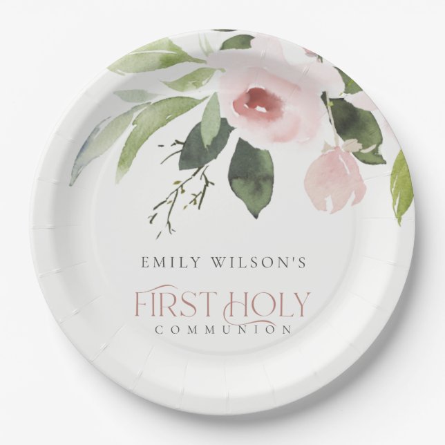 SOFT BLUSH PINK ROSE FLORAL FIRST HOLY COMMUNION PAPER PLATES (Front)