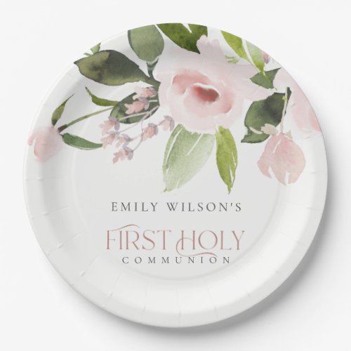 SOFT BLUSH PINK ROSE FLORAL FIRST HOLY COMMUNION PAPER PLATES