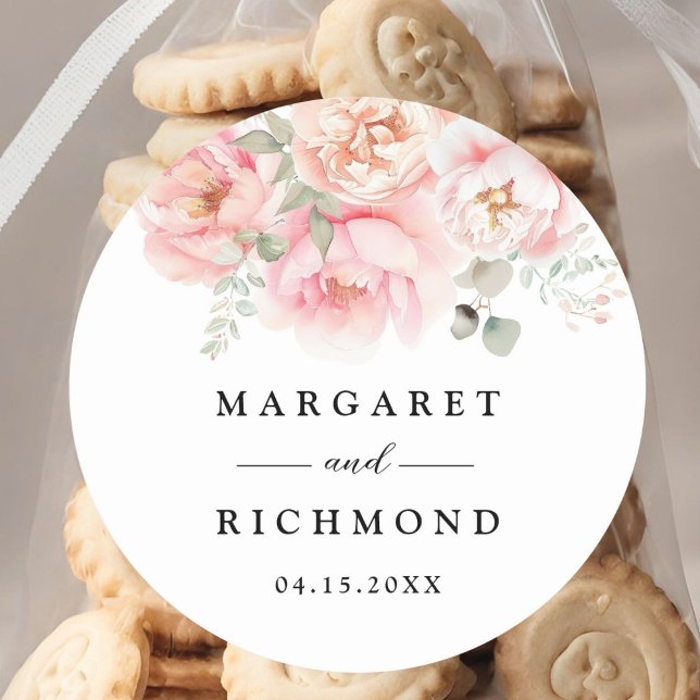 Soft Blush Pink Rose Garden Floral Wedding Classic Round Sticker (Creator Uploaded)