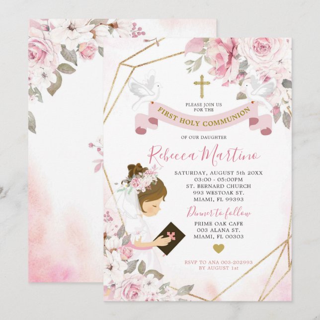 Soft Blush Pink Rose Girl First Holy Communion Invitation (Front/Back)