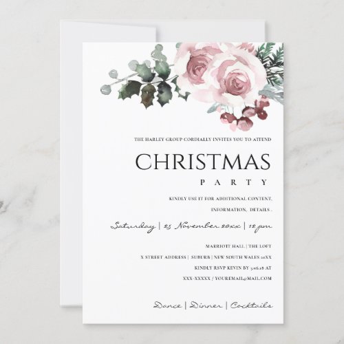 SOFT BLUSH PINK ROSE HOLLY BERRY CHRISTMAS PARTY HOLIDAY CARD