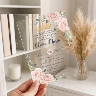 Soft Blush Pink Roses Floral Gold Quinceanera  Acrylic Invitations