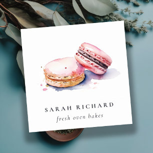Soft Blush Pink Watercolor French Macarons Bakery Square Business Card