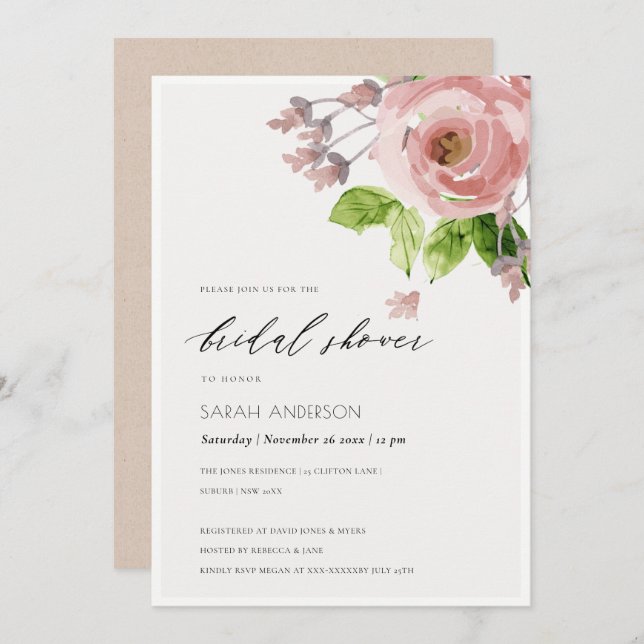 SOFT BLUSH PINK WATERCOLOUR FLORAL BRIDAL SHOWER INVITATION (Front/Back)