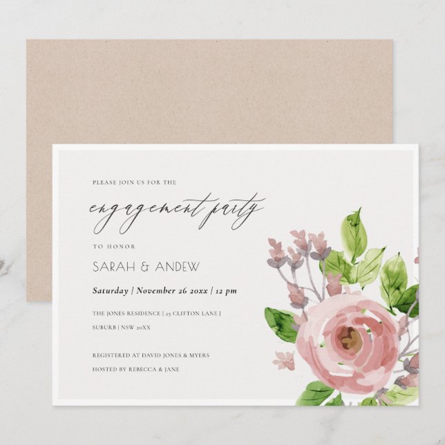 SOFT BLUSH PINK WATERCOLOUR FLORAL ENGAGEMENT INVITATION (Front/Back)