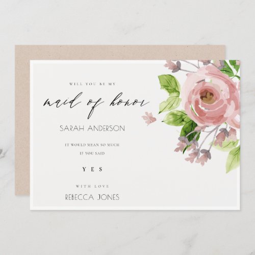 SOFT BLUSH PINK WATERCOLOUR FLORAL MAID OF HONOUR INVITATION