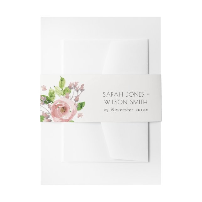 SOFT BLUSH PINK WATERCOLOUR FLORAL MONOGRAM INVITATION BELLY BAND (Front Example)