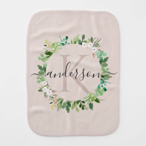 SOFT BLUSH PINK WREATH FOLIAGE WATERCOLOR MONOGRAM BABY BURP CLOTH