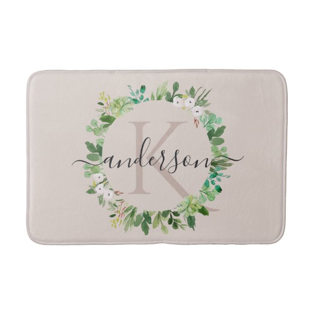 SOFT BLUSH PINK WREATH FOLIAGE WATERCOLOR MONOGRAM BATH MAT (Front)