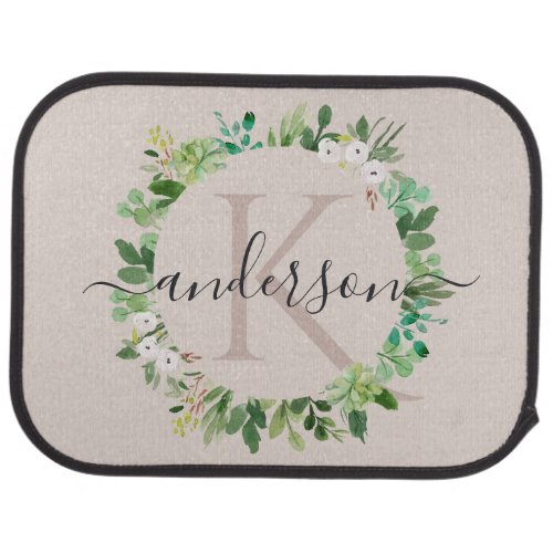 SOFT BLUSH PINK WREATH FOLIAGE WATERCOLOR MONOGRAM CAR FLOOR MAT