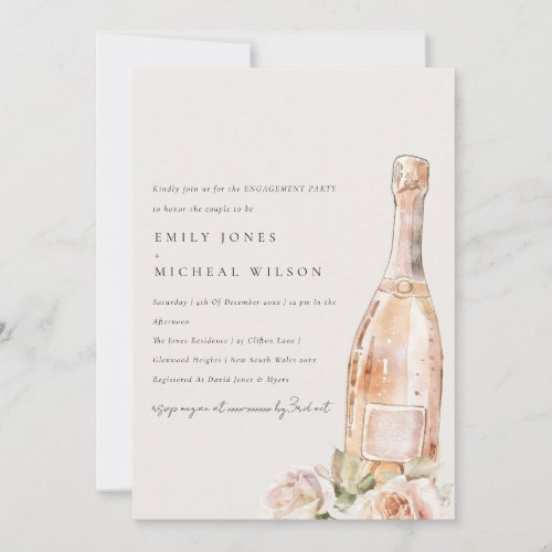 Soft Blush Rose Floral Champagne Wine Engagement Invitation