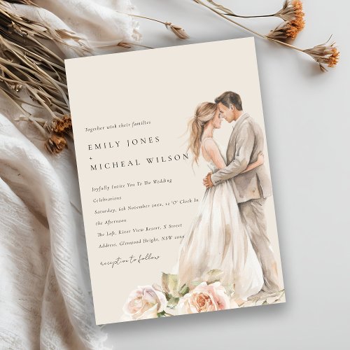 Soft Blush Rose Floral Couple Botanical Wedding Invitation