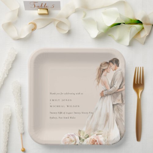 Soft Blush Rose Floral Couple Botanical Wedding Paper Plates