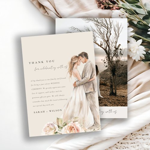 Soft Blush Rose Floral Couple Photo Wedding Thank You Card