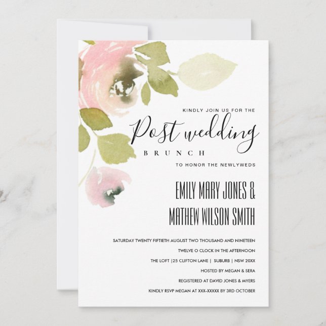 SOFT BLUSH ROSE FLORAL POST WEDDING BRUNCH INVITE (Front)