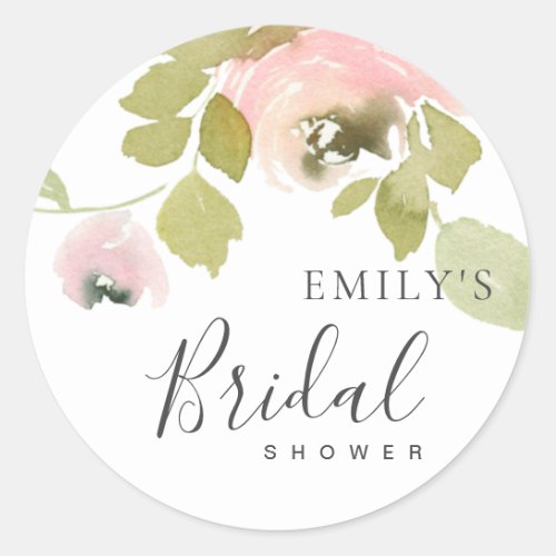 SOFT BLUSH ROSE FLORAL WATERCOLOR BRIDAL SHOWER CLASSIC ROUND STICKER