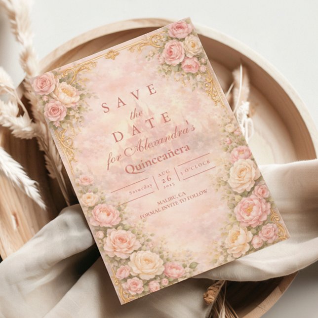 Soft Blush Rose Garden Quinceañera Save The Date (Creator Uploaded)