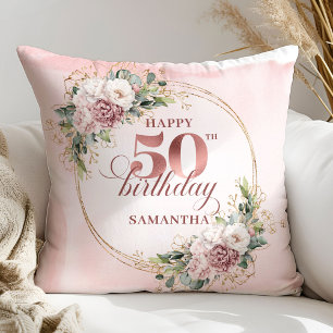 Soft Blush Rose Gold Botanical 50th Birthday Gift Throw Pillow