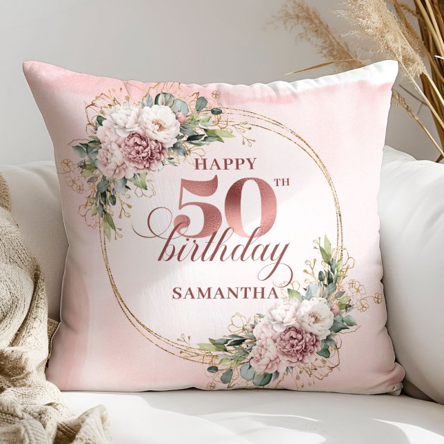 Soft Blush Rose Gold Botanical 50th Birthday Gift Throw Pillow (Soft Blush Rose Gold Botanical 50th Birthday Pillow Gift)