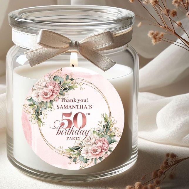 Soft Blush Rose Gold Botanical 50th Birthday Label (Soft Blush Rose Gold Botanical 50th Birthday Stickers)