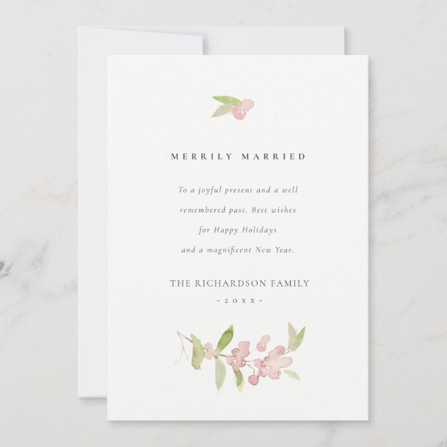 SOFT BLUSH ROSE PINK CALLIGRAPHY MERRILY MARRIED HOLIDAY CARD (Front)