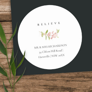 SOFT BLUSH ROSE PINK CHRISTMAS BELIEVE ADDRESS CLASSIC ROUND STICKER