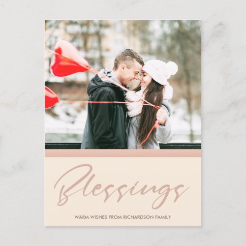 SOFT BLUSH ROSE PINK CHRISTMAS BLESSINGS PHOTO HOLIDAY POSTCARD
