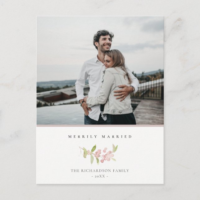 SOFT BLUSH ROSE PINK MINIMAL  MERRILY MARRIED HOLIDAY POSTCARD (Front)