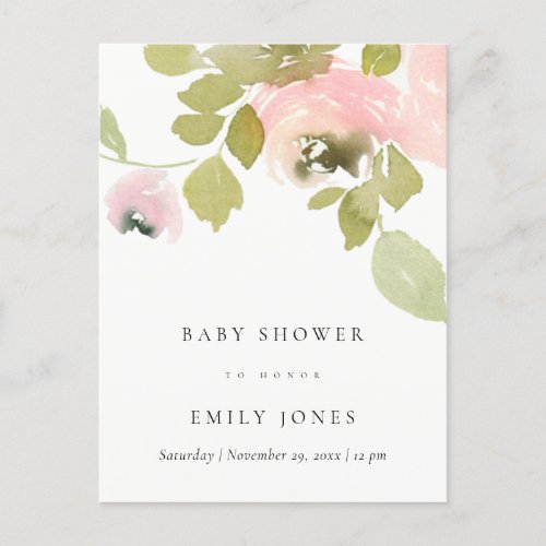 SOFT BLUSH ROSE WATERCOLOR FLORAL BABY SHOWER INVITATION POSTCARD