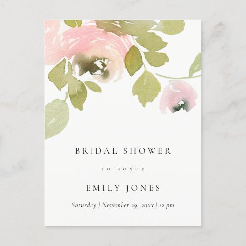 SOFT BLUSH ROSE WATERCOLOR FLORAL BRIDAL SHOWER INVITATION POSTCARD