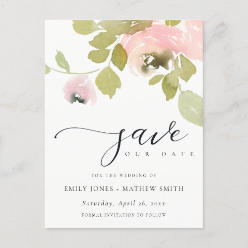 SOFT BLUSH ROSE WATERCOLOR FLORAL SAVE THE DATE ANNOUNCEMENT POSTCARD