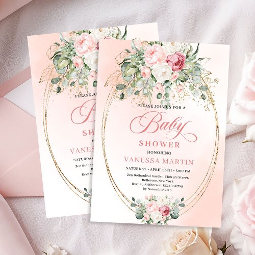 Soft Blush Roses Greenery Girl Baby Shower Invite