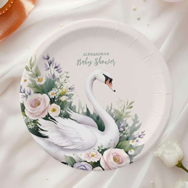 Soft Blush Swan Princess Baby Shower Paper Plates (Creator Uploaded)