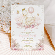 Soft Blush Swan Princess with Balloon Baby Shower Invitation