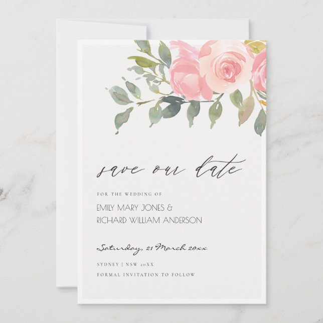 Soft Blush Watercolor Floral Save the Date Card (Front)