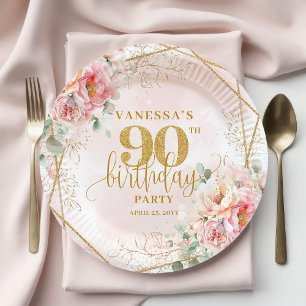 Soft Blush Watercolor Gold Frame 90th Birthday Paper Plates