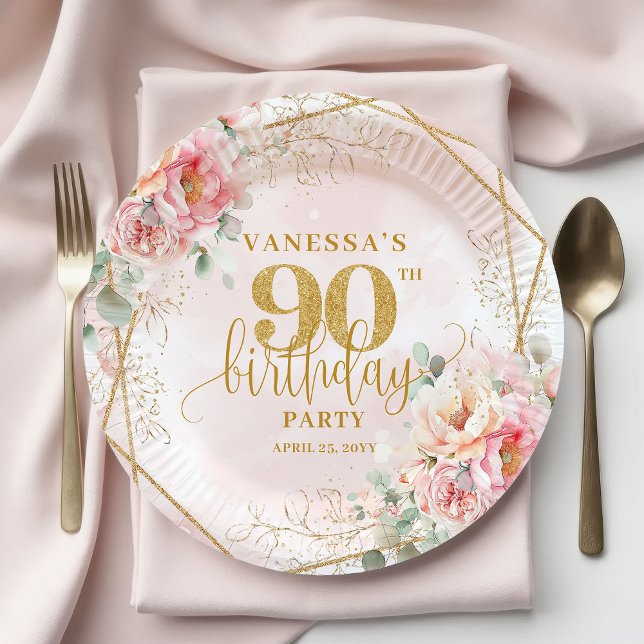 Soft Blush Watercolor Gold Frame 90th Birthday   Paper Plates (Soft Blush Watercolor Gold Frame 90th Birthday Plate)