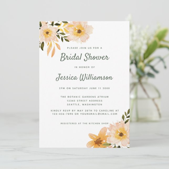 Soft Blush Yellow Minimalist Floral Bridal Shower  Invitation (Standing Front)