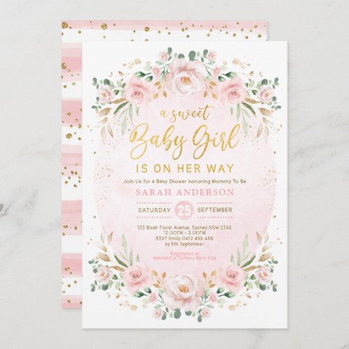 Soft Boho Blush Floral Wreath Girl Baby Shower Invitation