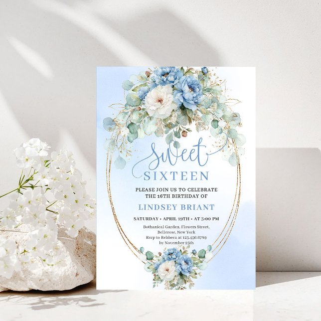 Soft Boho Dusty Blue Floral Gold Sweet 16 Birthday Invitation (Soft Dusty Blue Floral Gold Sweet 16 Birthday Party Invite)