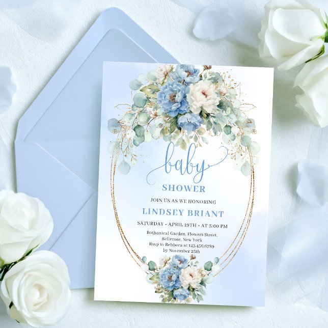Soft Boho Light Blue Floral Eucalyptus Gold Shower Invitation (Soft Boho Light Blue Floral Eucalyptus Gold Shower)