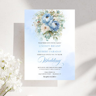 Soft Boho Pastel Blue White Peony Greenery Wedding Invitation