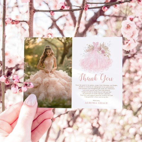 Soft Boho Pink Quinceaera Dress Photo Thank You Card