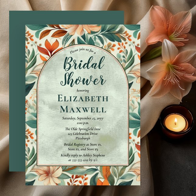Soft Botanical Bridal Shower Floral Arch Invitation (Soft botanical bridal shower invitation with peach florals and elegant garden arch design)