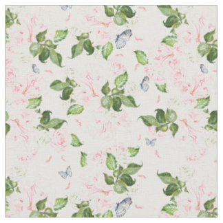 Soft Botanical Butterfly Rose Floral Watercolor Fabric
