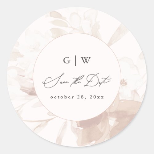 Soft Botanical Floral Monogram and Date Wedding Classic Round Sticker