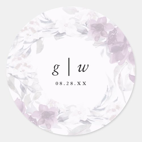 Soft Botanical Floral Monogram and Date Wedding Classic Round Sticker