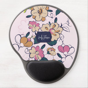 Soft Botanical Floral Pattern Pink Cream Navy Gel Mouse Pad