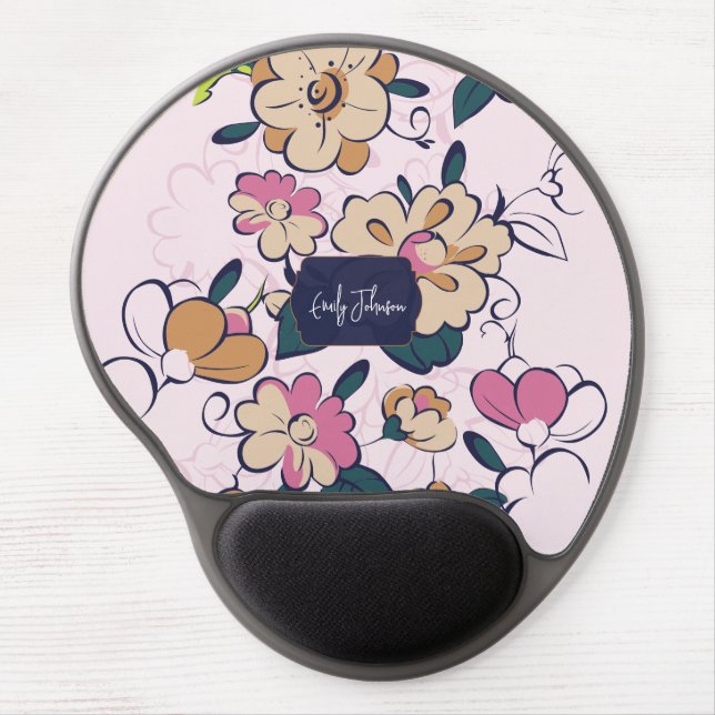 Soft Botanical Floral Pattern Pink Cream Navy Gel Mouse Pad (Front)